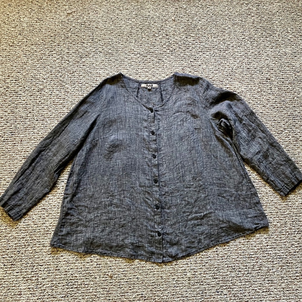 FLAX Designs 1G/1X linen tunic top blouse in black/white weave  A-line shape